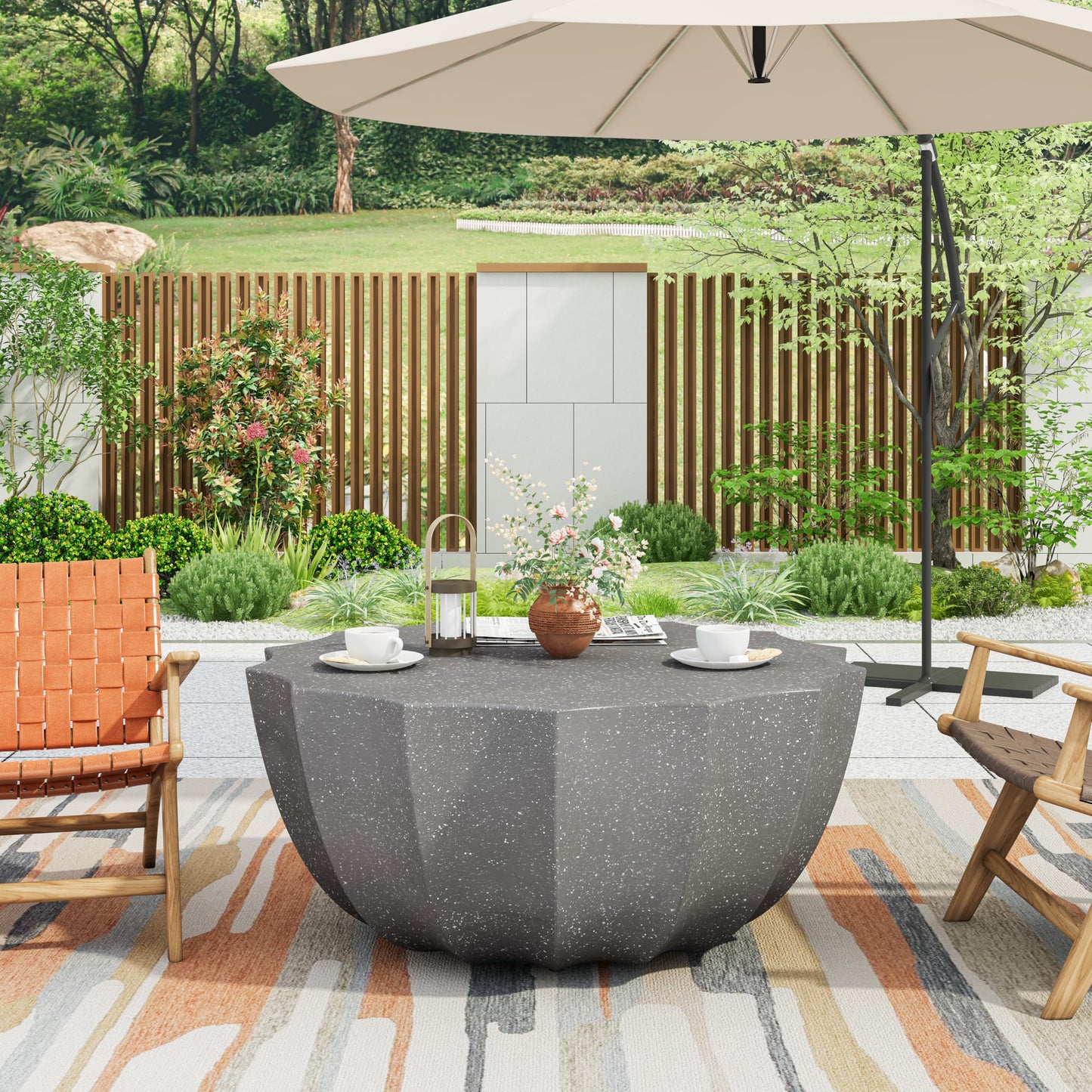 GDFStudio 35.43" Modern Indoor Outdoor Coffee Table, Waterproof Cement Round Table, MgO Concrete Circle Side Table, Creative Shape Small Table for Patio Backyard Living Room, Fully Assembled, Grey