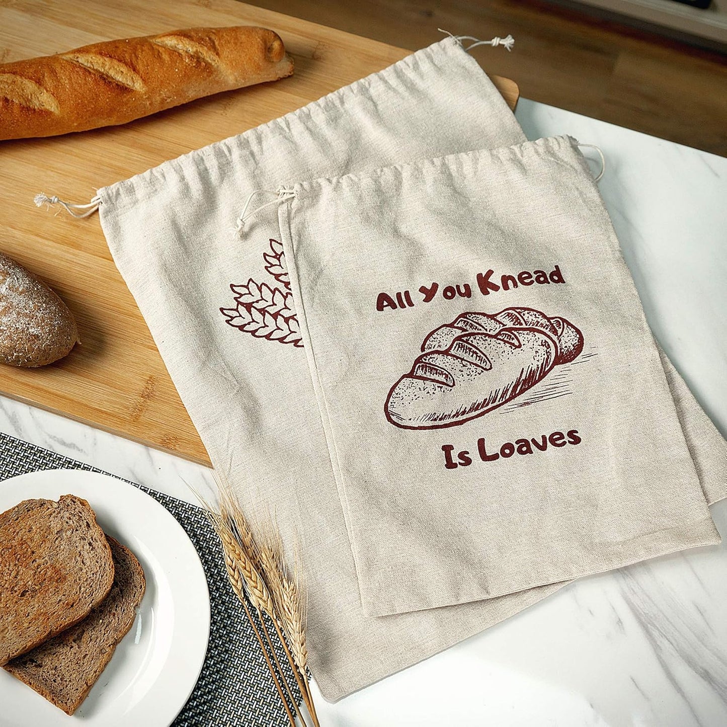 Linen Bread Bags, Pack of 4 Large and Extra Large Reusable Drawstring Bags for Homemade Artisan Bread Storage