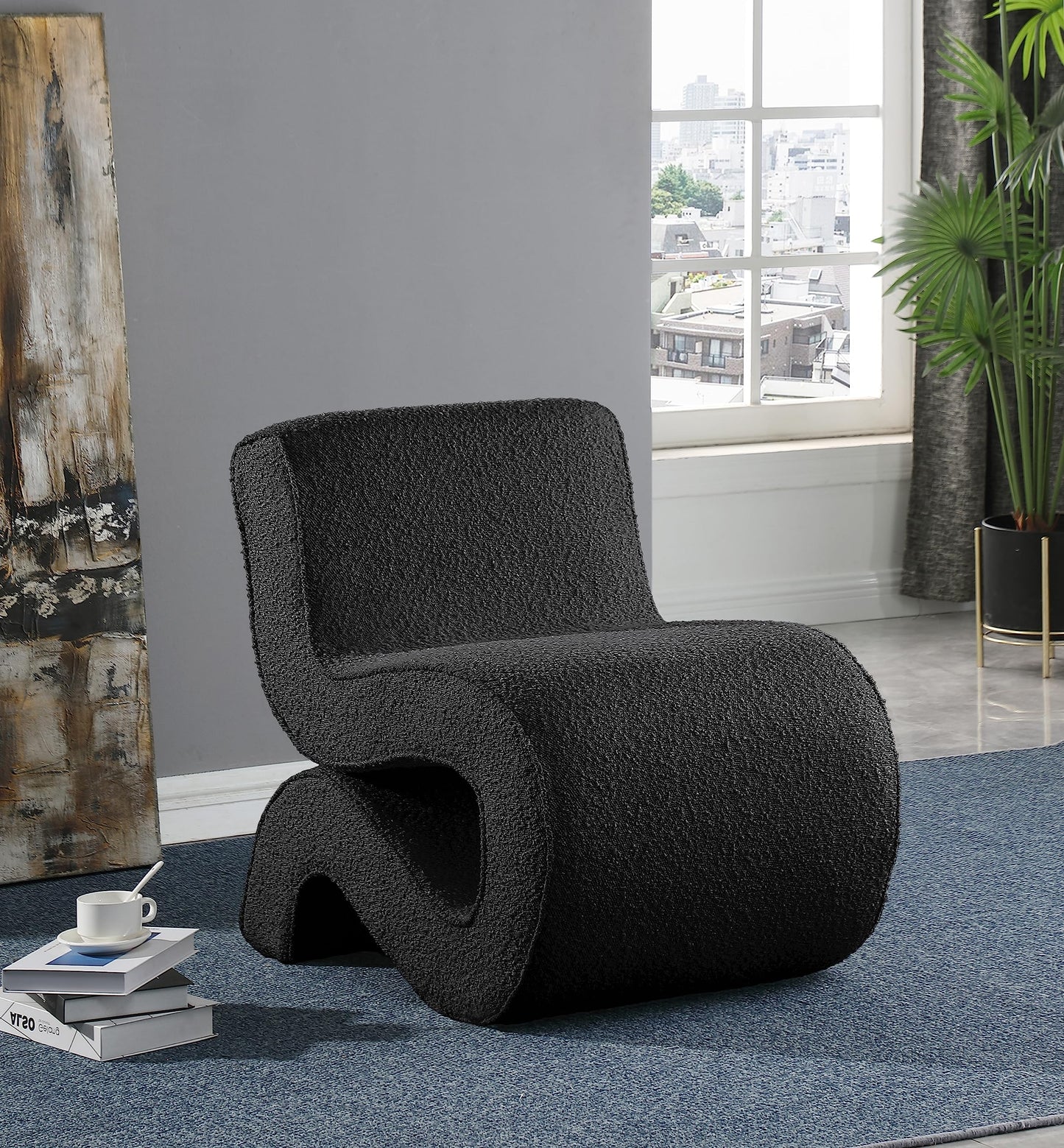 Meridian Furniture 599Black Desiree Collection Modern | Contemporary Boucle Fabric Upholstered Accent Chair with Rich Black Boucle Fabric, Curved Design, 22.5" W x 29" D x 28.5" H, Black