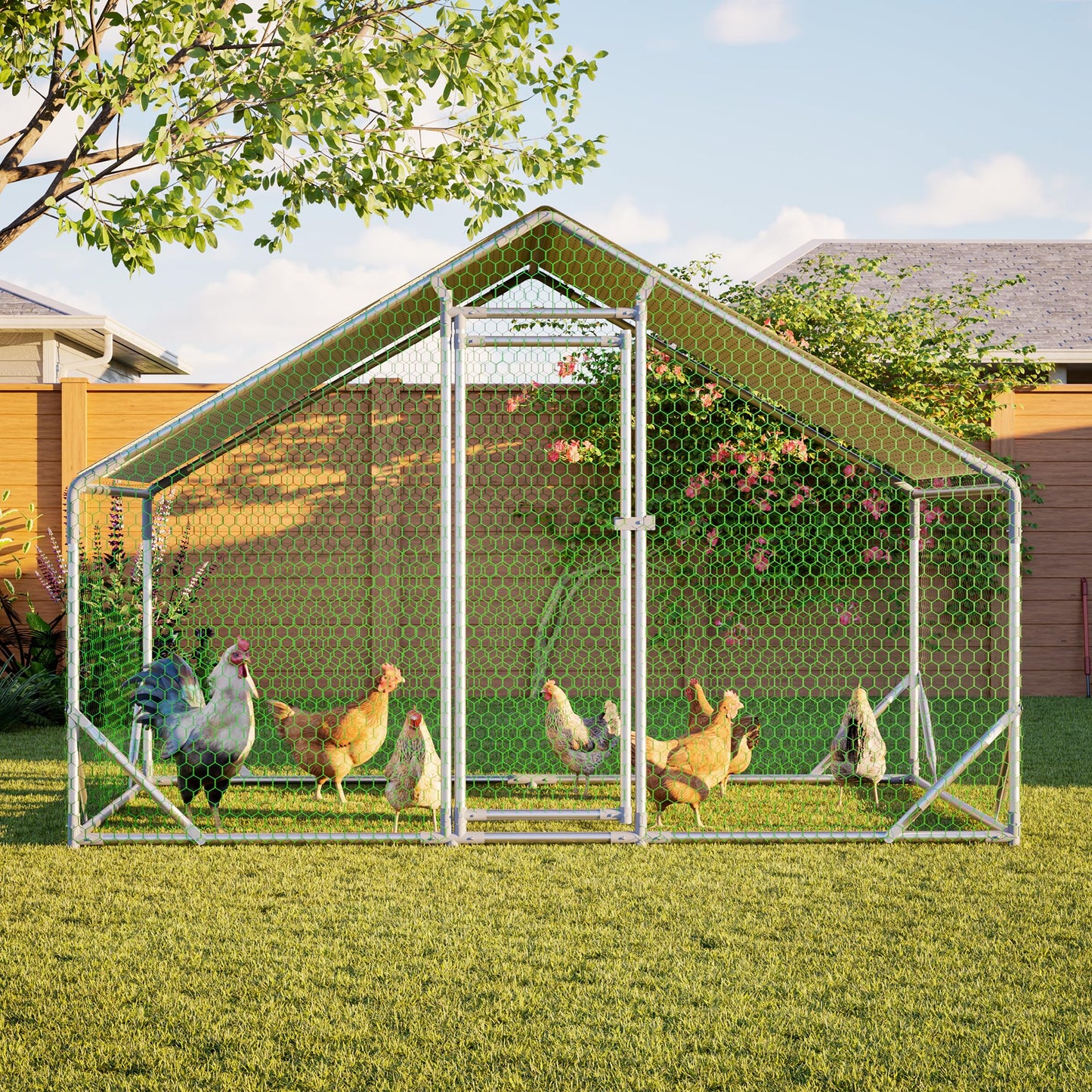 YOPTO Large Metal Chicken Coop,10x6.6x6.56ft Walk-in Chicken Run W/Waterproof & Anti-Ultraviolet Cover,Chicken Pen W/Lockable Door,Outdoor Poultry Cage for Hens,Ducks,Rabbits