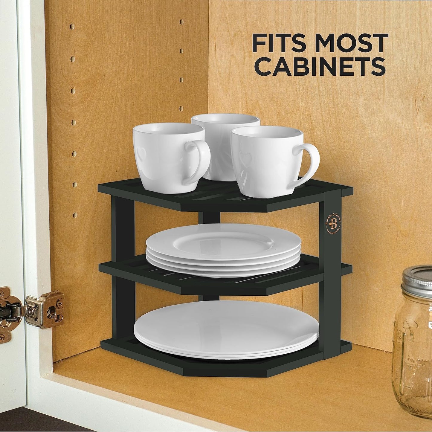 Countertop Bambuesi Plate Organizer for Cabinet - Corner Cabinet Organizer and Kitchen Cabinet Organizer Shelf, Kitchen