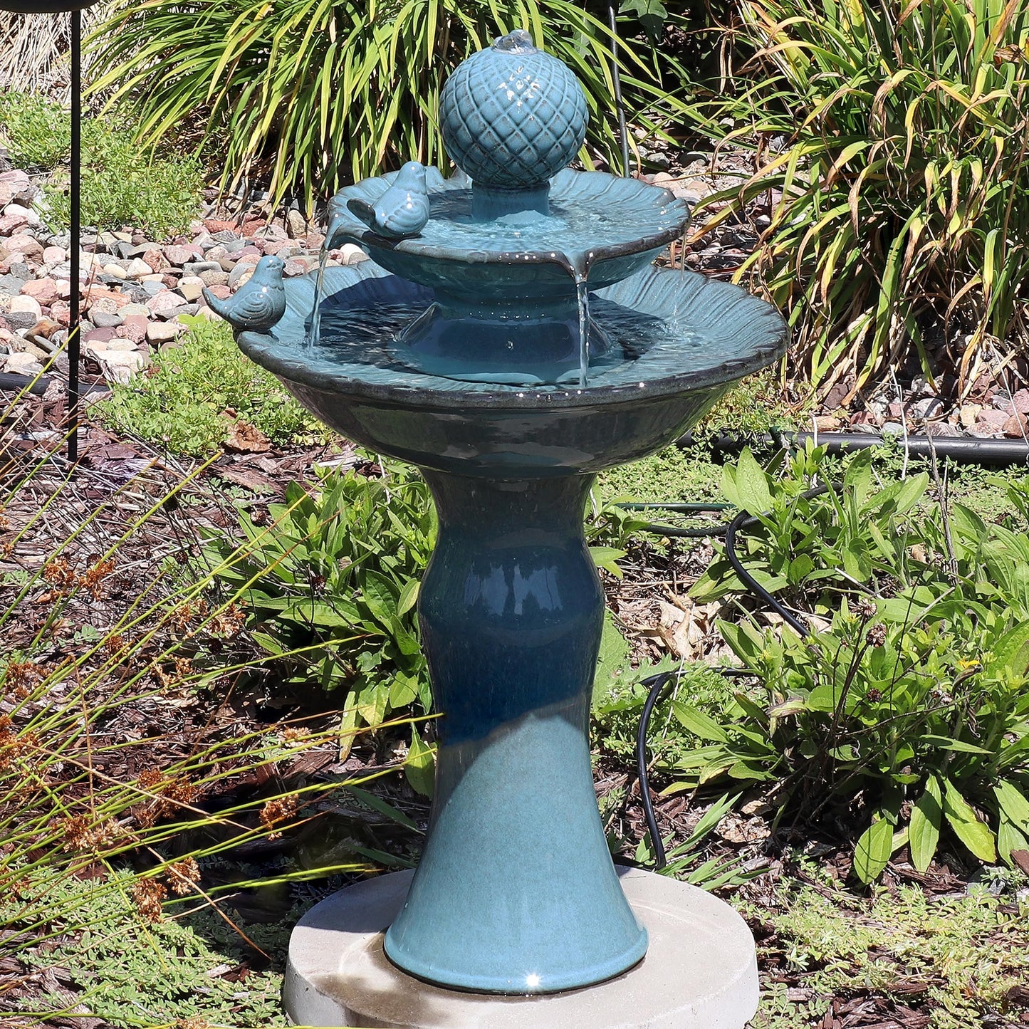 Sunnydaze 27" H 2-Tier Ceramic Water Fountain - Outdoor Water Feature for Patio, Yard, Balcony - Garden Fountain - Blue