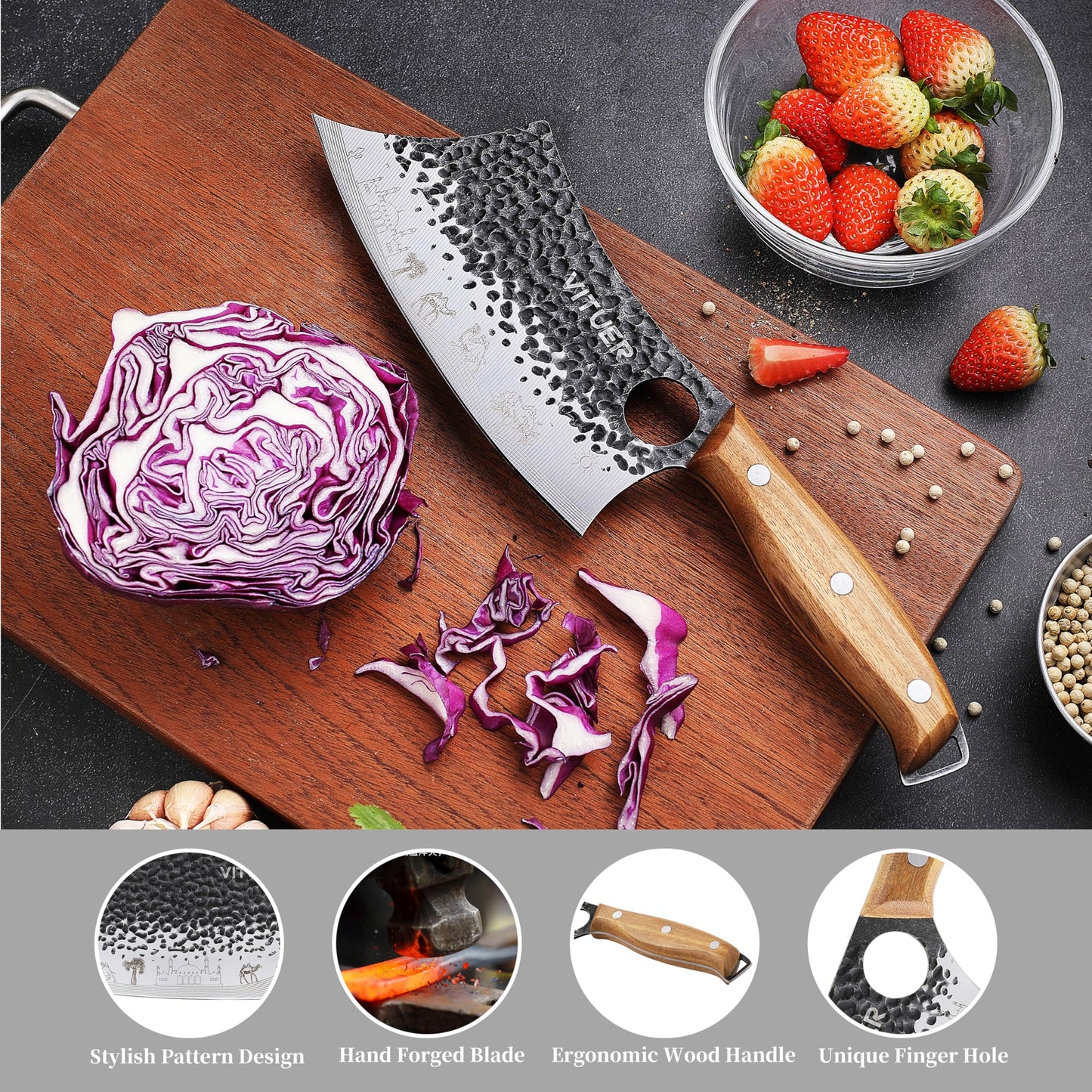 3PCS Butcher Knife Set, Hand Forged 7" Butcher Meat Cleaver, 7" Serbian Chef and 6.5" Viking Knife, Great for Indoor & Outdoor (Stylish Pattern Design)