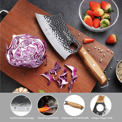3PCS Butcher Knife Set, Hand Forged 7" Butcher Meat Cleaver, 7" Serbian Chef and 6.5" Viking Knife, Great for Indoor & Outdoor (Stylish Pattern Design)
