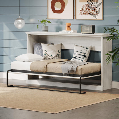 Merax Twin Size Horizontal Murphy Bed Wall Bed, Folding into a Cabinet, Space Saving Foldable Bed for Guest Room, Home Office, Apartment, Sturdy Metal Frame, Rustic White