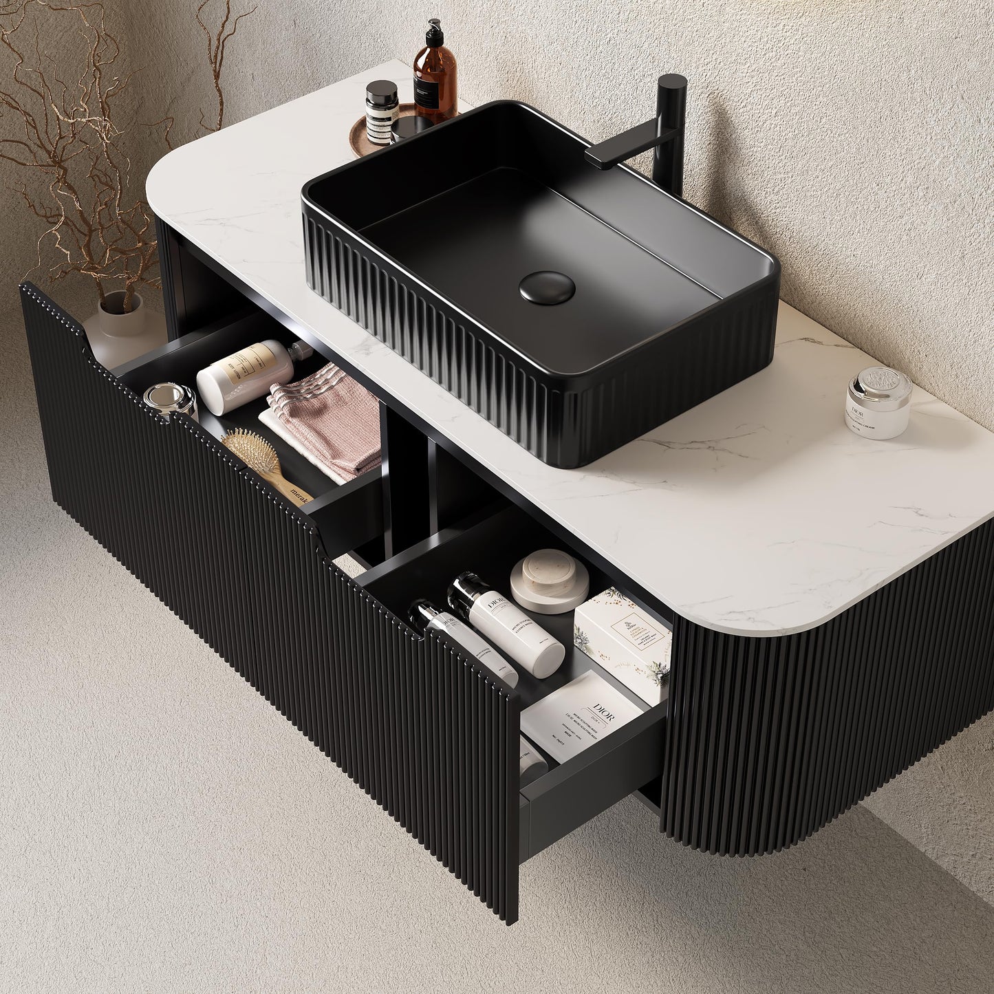 GDFStudio 48" Floating Bathroom Vanity with Sink, DINA Wall Mounted Curved Cabinet, Carrara White Sintered Stone Top, Double Drawer Storage, 3D Striped Finish, Modern Black Rectangular Ceramic Basin