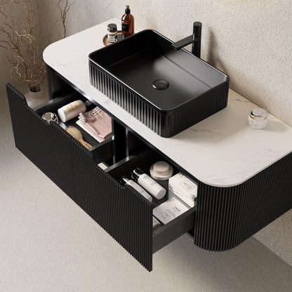 GDFStudio 48" Floating Bathroom Vanity with Sink, DINA Wall Mounted Curved Cabinet, Carrara White Sintered Stone Top, Double Drawer Storage, 3D Striped Finish, Modern Black Rectangular Ceramic Basin
