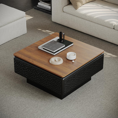 GDFStudio 31" Square Coffee Table with Lift Top Storage, Mid Century Modern Hammered Texture Center Table, Wooden Curved Tea Side Table with Hidden Compartment for Living Room Small Space, Black+Brown