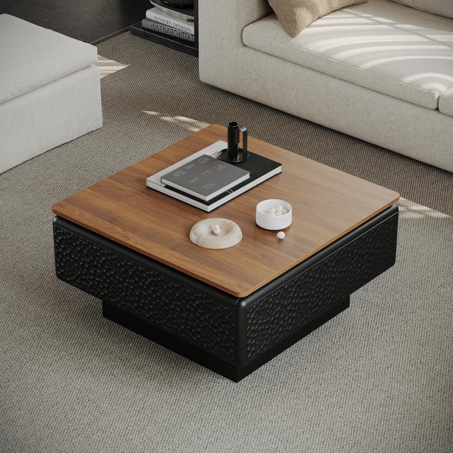 KEIKI 31" Lift-Top Coffee Table with Hidden Storage, Adjustable Height Square Coffee Table, Modern Wood Farmhouse Coffee Table for Living Room, Space-Saving, Black