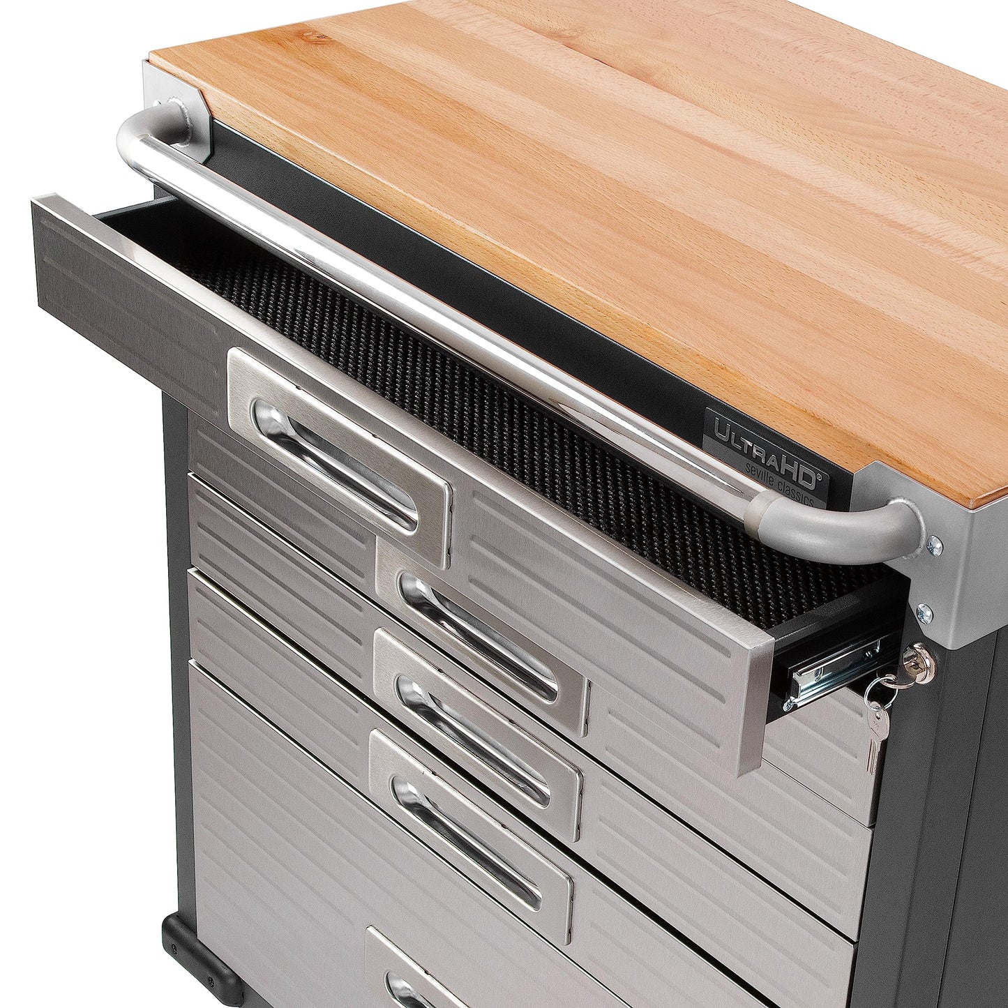 Seville Classics UltraHD Heavy Duty Rolling Cabinet Workbench Table w/Solid Wood Top, Workstation for Garage, Office, Workshop, Graphite, 6-Drawer (28" W x 18" D