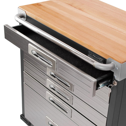 Seville Classics UltraHD Heavy Duty Rolling Cabinet Workbench Table w/Solid Wood Top, Workstation for Garage, Office, Workshop, Graphite, 6-Drawer (28" W x 18" D