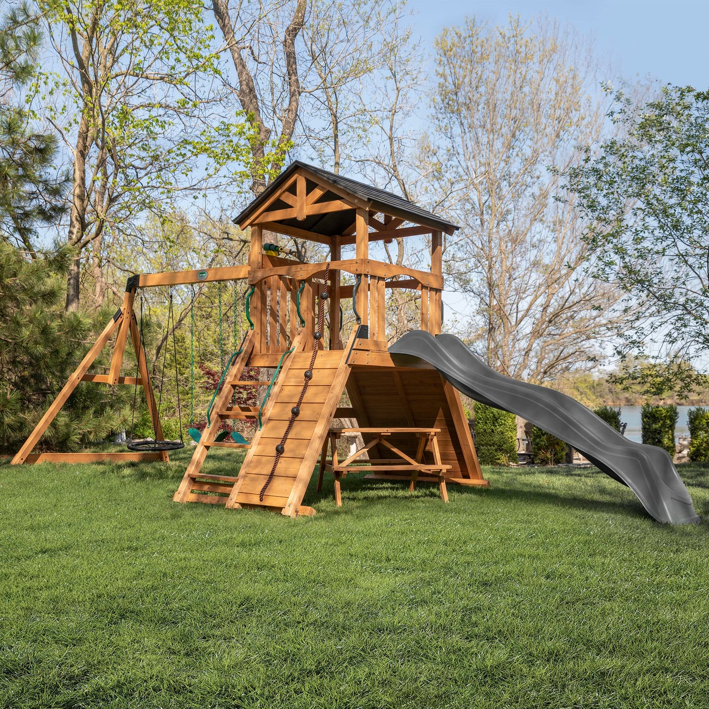 Backyard Discovery Endeavor II Cedar Wood Swing Set with Wave Slide, Play Deck, Double Rock Wall, Picnic Table, Climbing Wall, Belt Swings, Web Swing, Toy Telescope, Step Ladder, Outdoor Playset