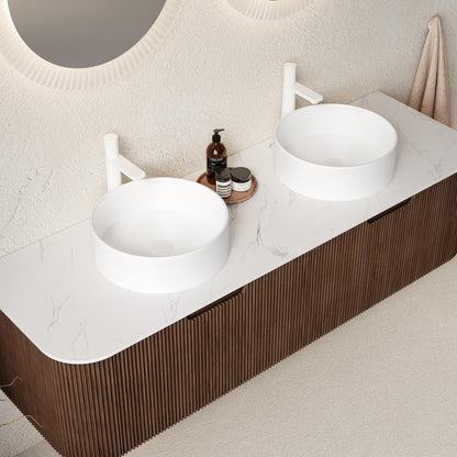 KEIKI 60" Floating Bathroom Vanity with Sink, Double Basin Wall Vanity Cabinet with Curved Edges, 2 Soft-Close Drawers, Pre-Assembled Bathroom Storage Vanity, Walnut