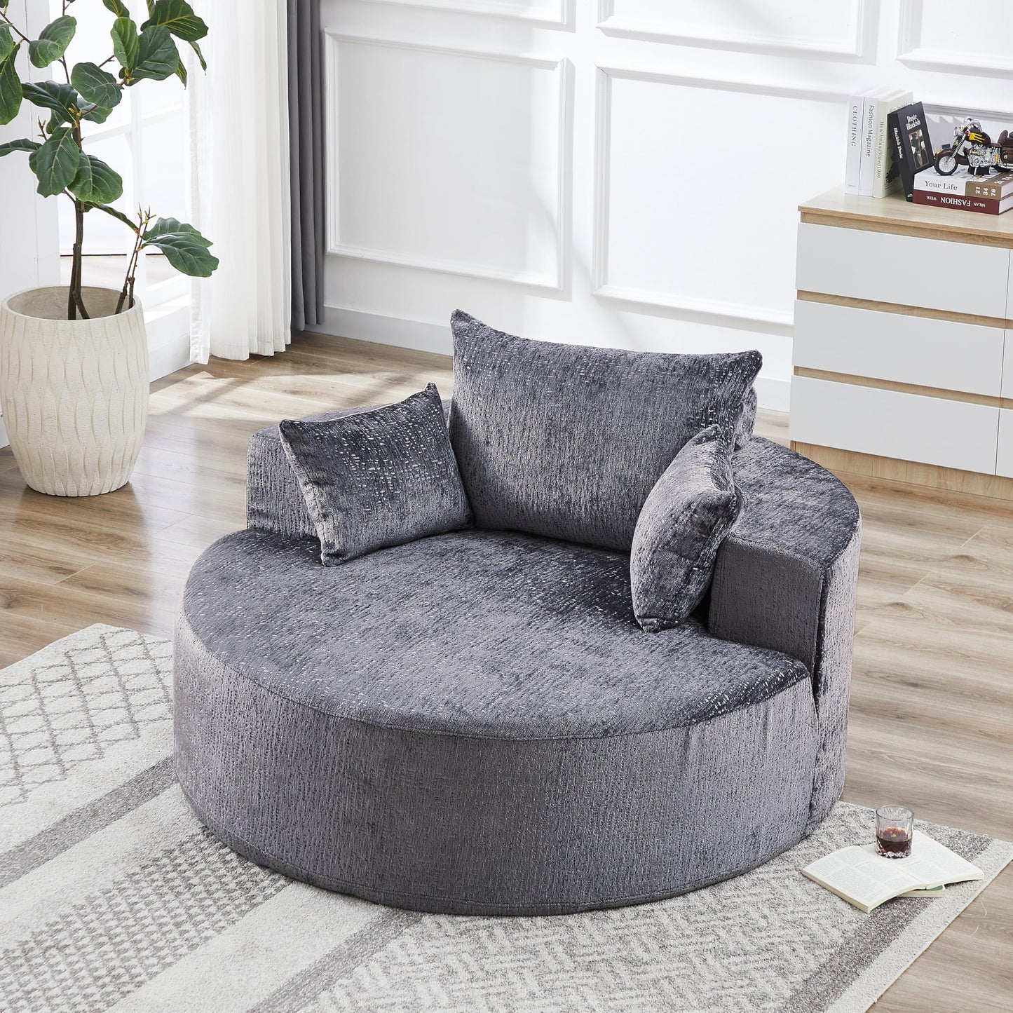 KEIKI 55" Chenille Accent Chair, Sponge Barrel Chairs Upholstered Round Sofa, Single Couch Armchair for Living Room, Gray