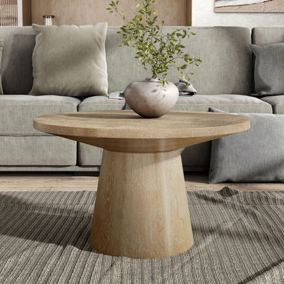 Furniture of America Lestara Modern Solid Wood 29-inch Round Coffee Table with Cone-Shaped Pedestal Base, Living Room Furniture for Small Space, Home Office, Oak