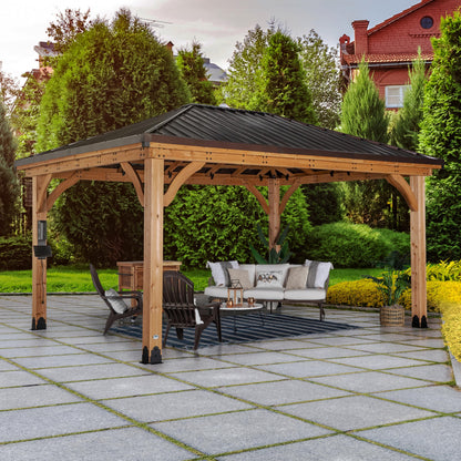 Backyard Discovery Barrington 16' x 12' Cedar Wood Outdoor Gazebo Pavilion with Hardtop Galvanized Steel Hip Roof, Snow Support, Wind Resistance, PowerPort, Shade for Garden, Patio, Deck, Entertaining