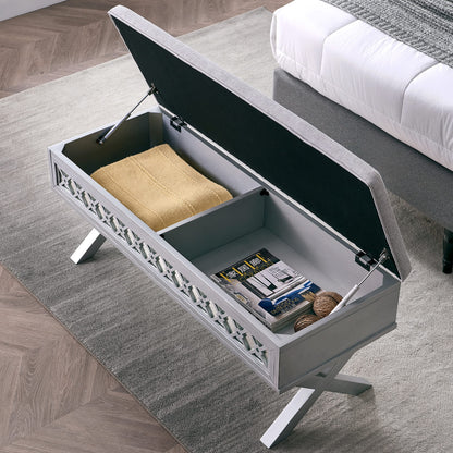 Leick Home 10142-SV Mirrored Diamond Filigree X Base Lift Top Bench with Storage for Bedroom or Foyer, Silver Leaf