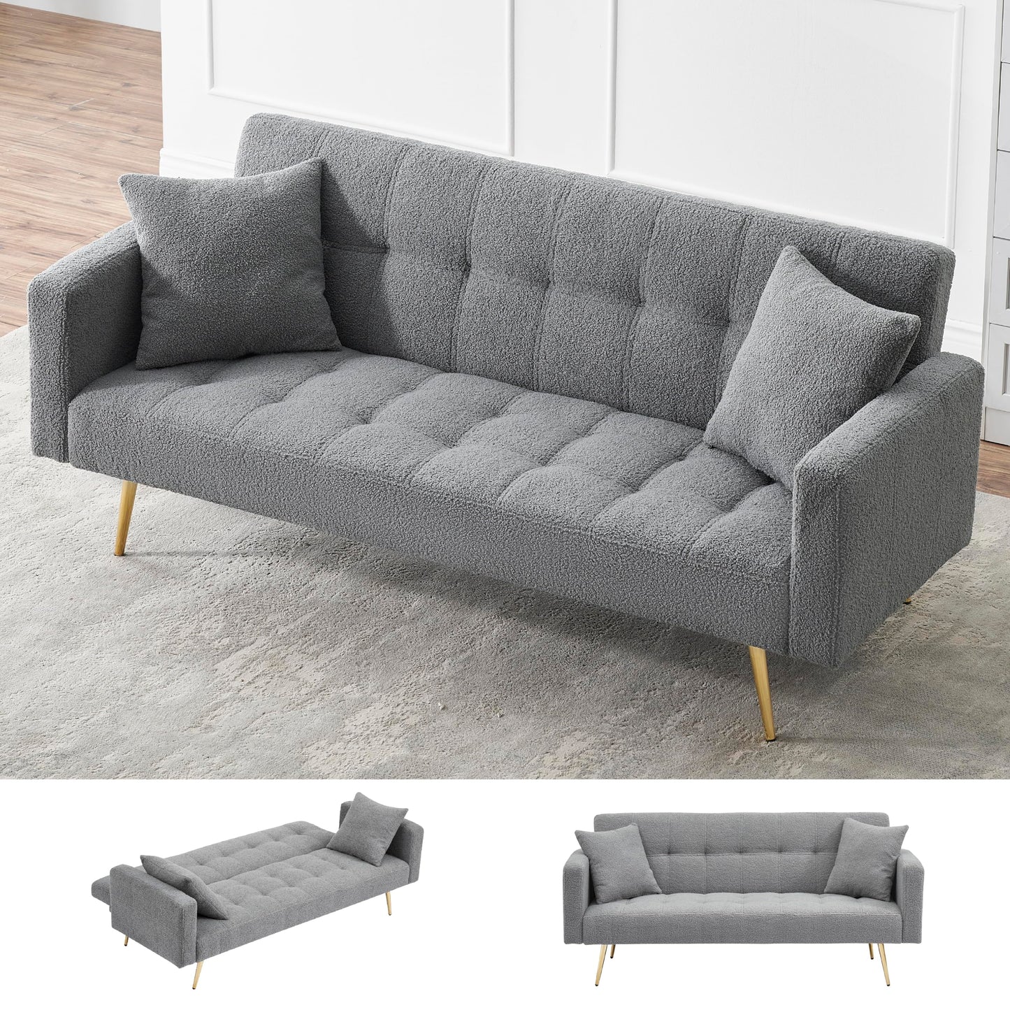 KEIKI 72" Folding Futon Sofa Couch w/Adjustable Backrest, Mid Century Modern Loveseat Convertible to Sleeper Bed, Small Comfy Teddy Cloud Couch SofaBed for Living Room & Bedroom, 2 Pillows, Gray