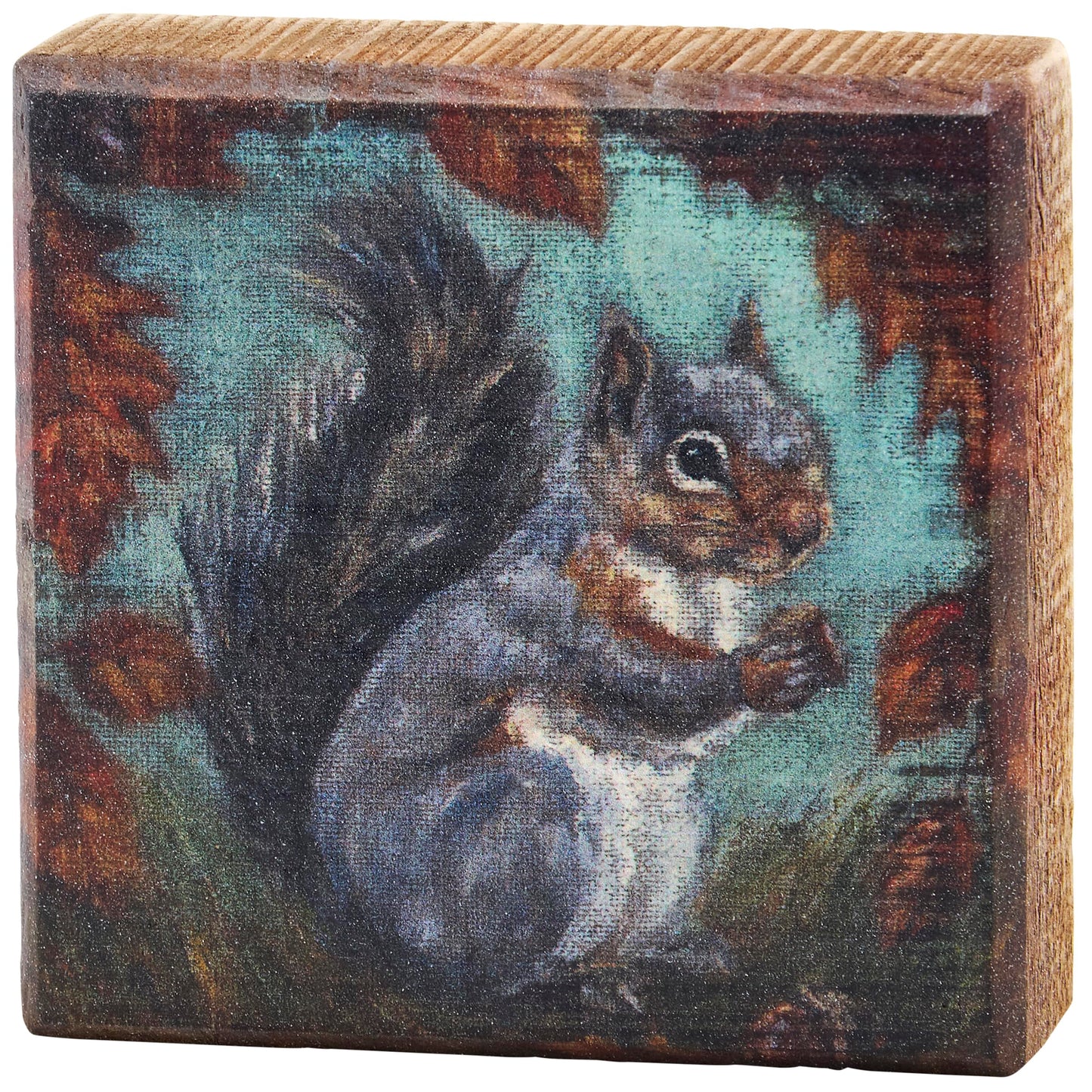 Primitives by Kathy Wooden Block Sign, 4-inch square, Curious Squirrel in hand painted fall scene with autumn leaves - Rustic home decor for Office, Den, Cabin - for wall, shelf or tabletop display