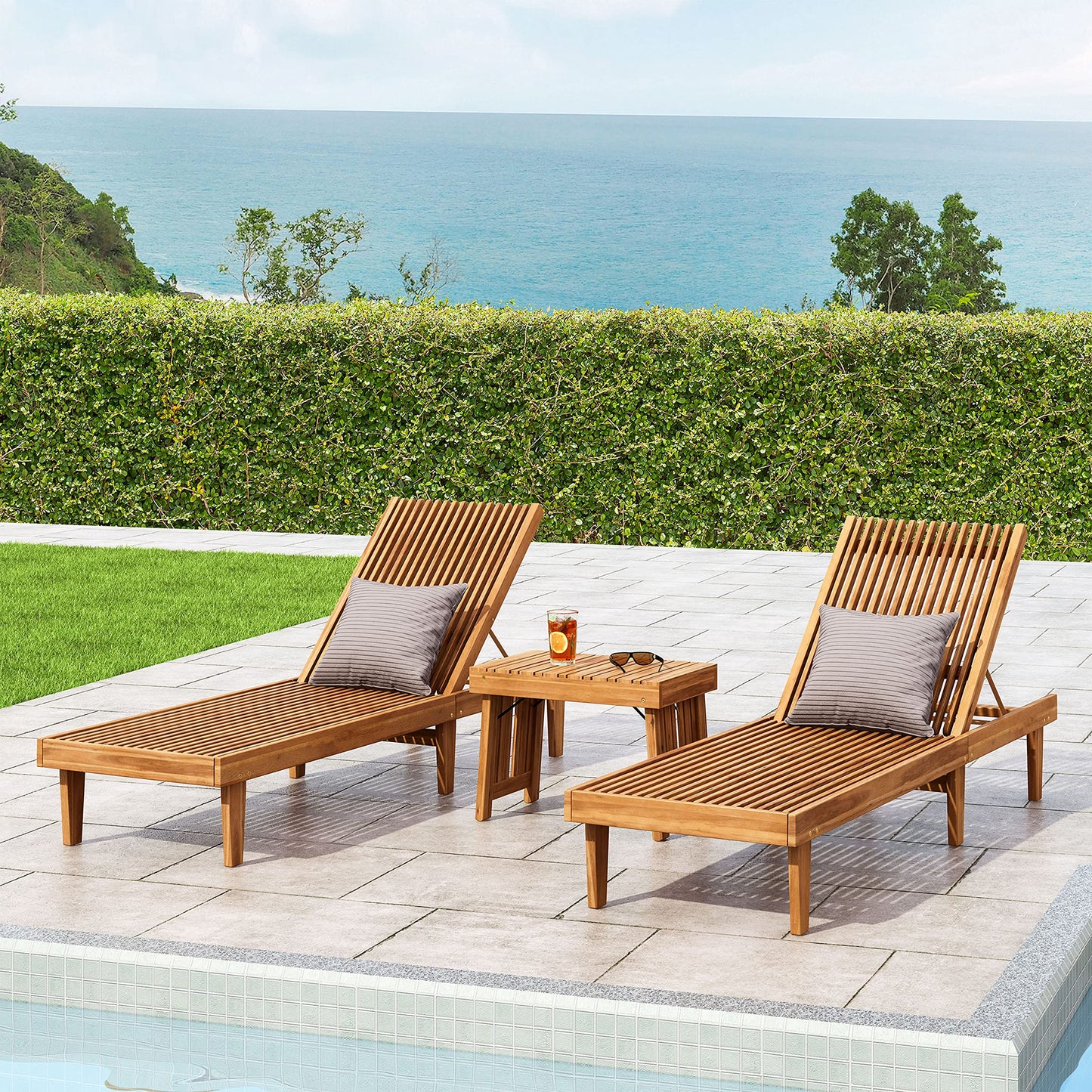 Christopher Knight Home Vernon Outdoor Acacia Wood Chaise Lounge Set, Teak Finish