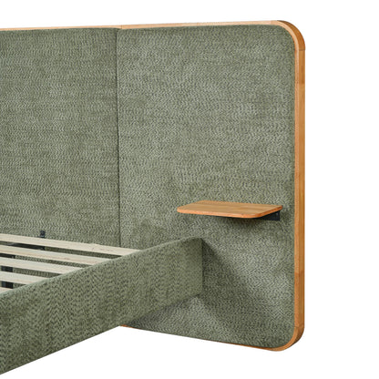 Christopher Knight Home Lana Boucle Upholstered King Bed Frame and Headboard, King Size Bed Frame with Built-in Floating Shelves, Metal + Wooden Slats Support, No Box Spring Needed, Green + Natural