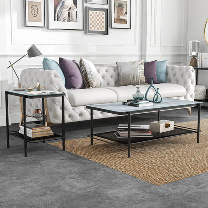 Furniture of America Basil Industrial Faux Marble Top Steel 2-Piece Coffee and End Tables Set with Open Shelves, Black and White