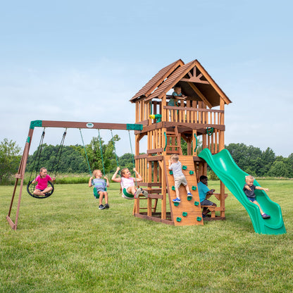 Backyard Discovery Highlander Cedar Wood Swing Set with Wave Slide, Three-Story Clubhouse, Rock Wall, Picnic Table, Belt Swings, Web Swing, Sandbox, Three Ladders, Toy Accessories, Outdoor Playset