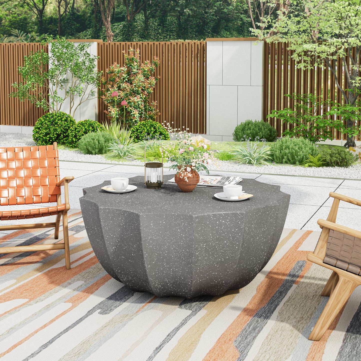 GDFStudio 35.43" Modern Indoor Outdoor Coffee Table, Waterproof Cement Round Table, MgO Concrete Circle Side Table, Creative Shape Small Table for Patio Backyard Living Room, Fully Assembled, Grey
