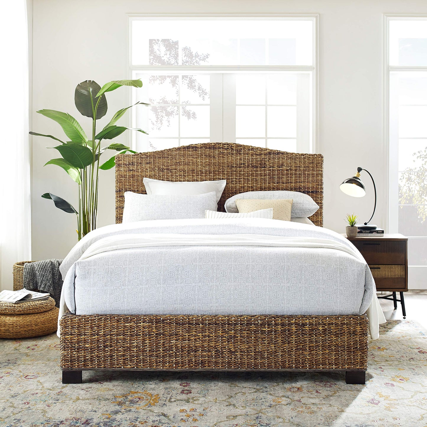 Crosley Furniture Serena Bed, Handwoven Natural Fiber Rattan Headboard and Footboard Set, Banana Leaf, Queen