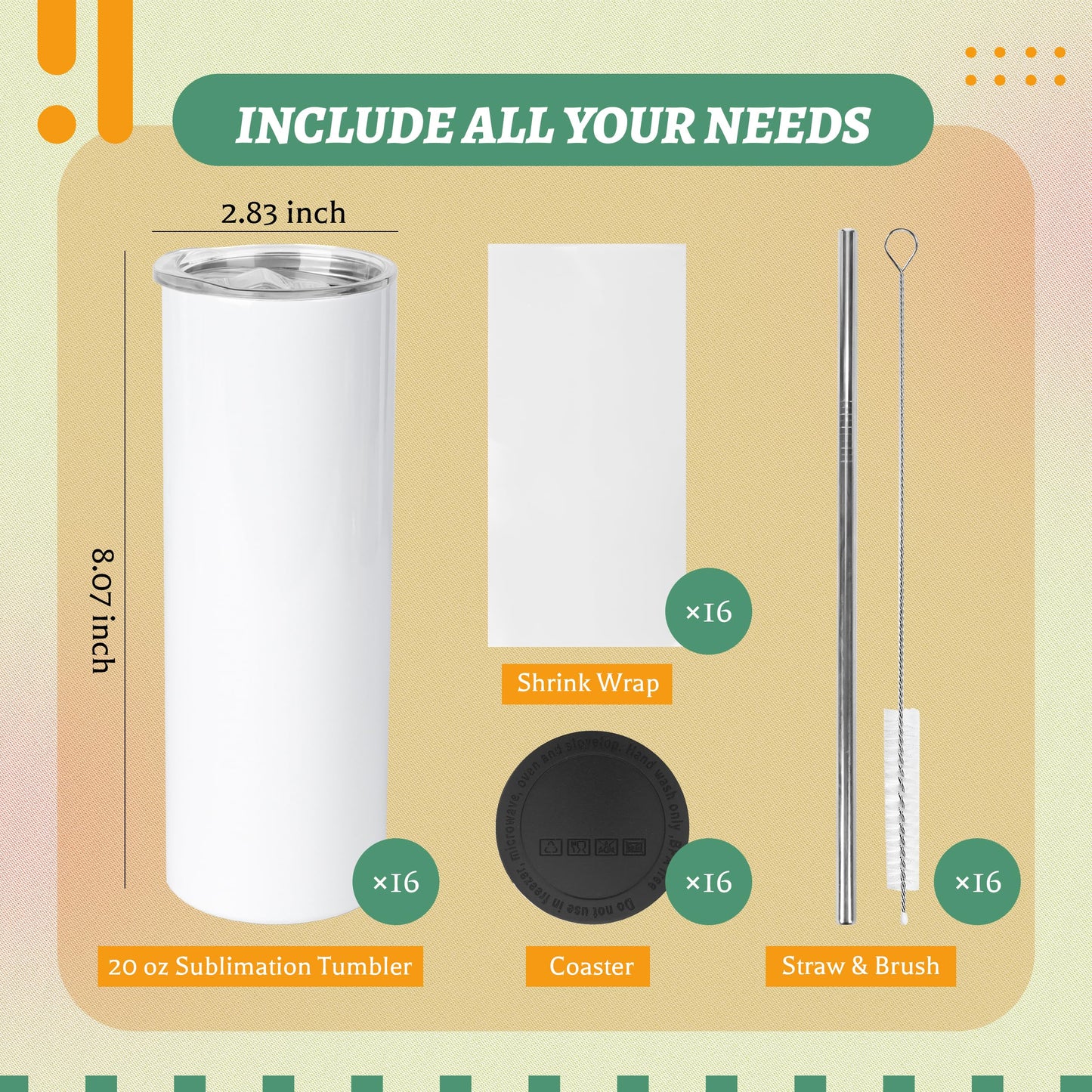 Joyclub 16 Pack Sublimation Tumblers Blanks 20 oz Flat Edge Skinny Straight Sublimation Cups With Lids and Straws for Heat Press No Gift Boxes