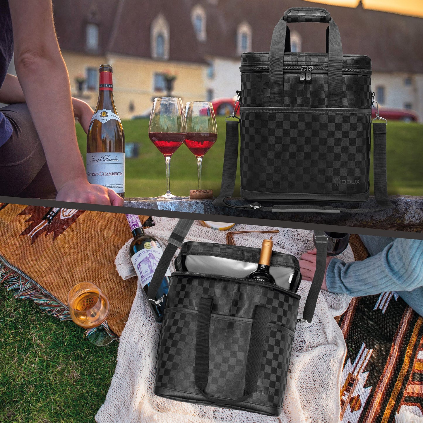 opux 6 Bottle Carrier Tote | Insulated Padded Wine Cooler Bag for Travel. Picnic, BYOB | Portable Leakproof Wine Tote Bag for Dinner, Party, Christmas, Wine Gift for Women, Men (Black Square)