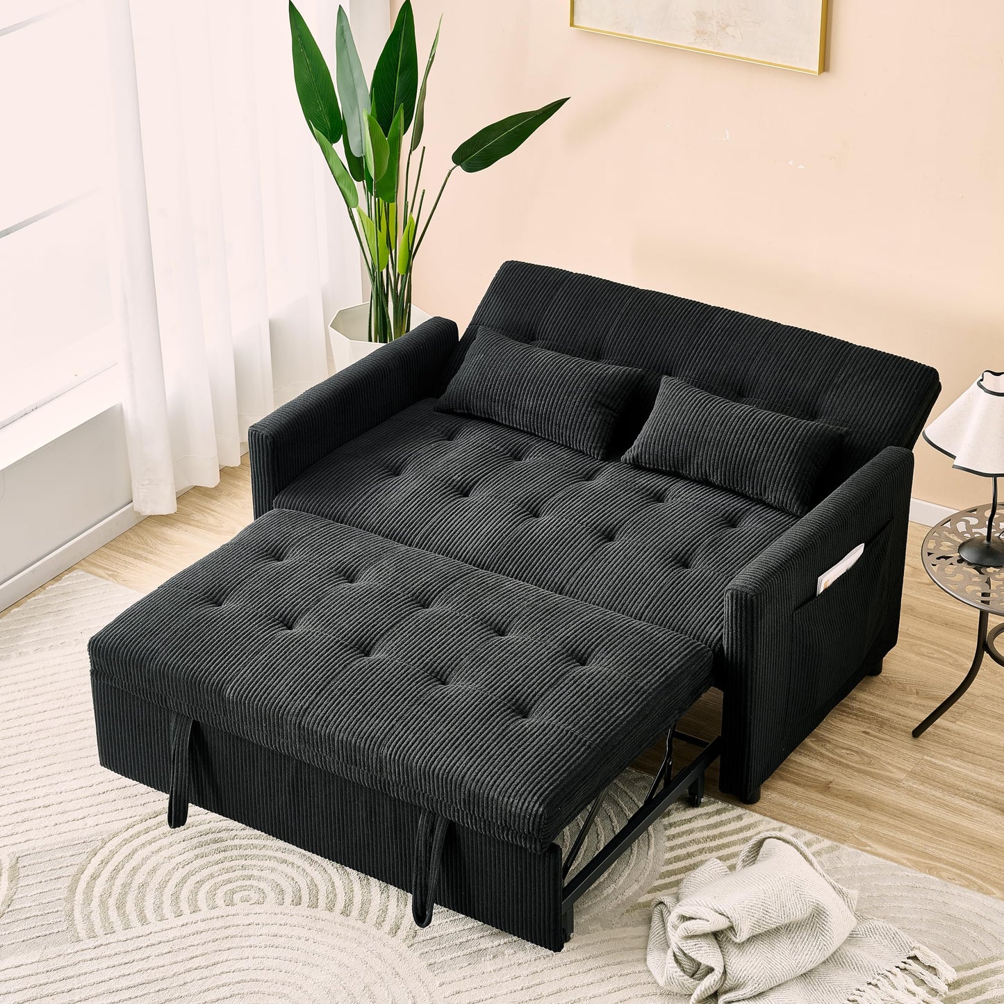 KEIKI 53" Small Sleeper Sofa Couch for Studios, Pull Out Loveseat Sofa Bed with Adjustable Backrest, USB Charging & Storage Pockets
