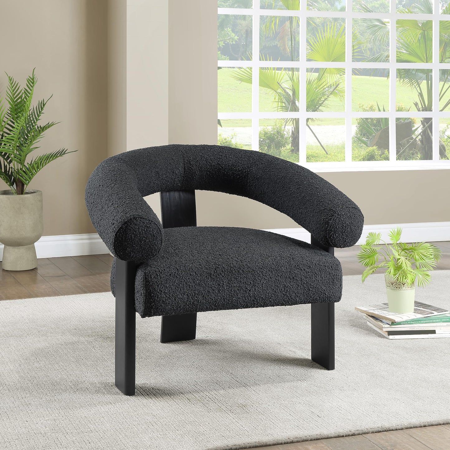 Meridian Furniture 497Black Winston Collection Mid-Century Modern Upholstered Accent Chair with Rich Boucle Fabric, Solid Wood Finished Legs, 35.5" W x 29" D x 30" H