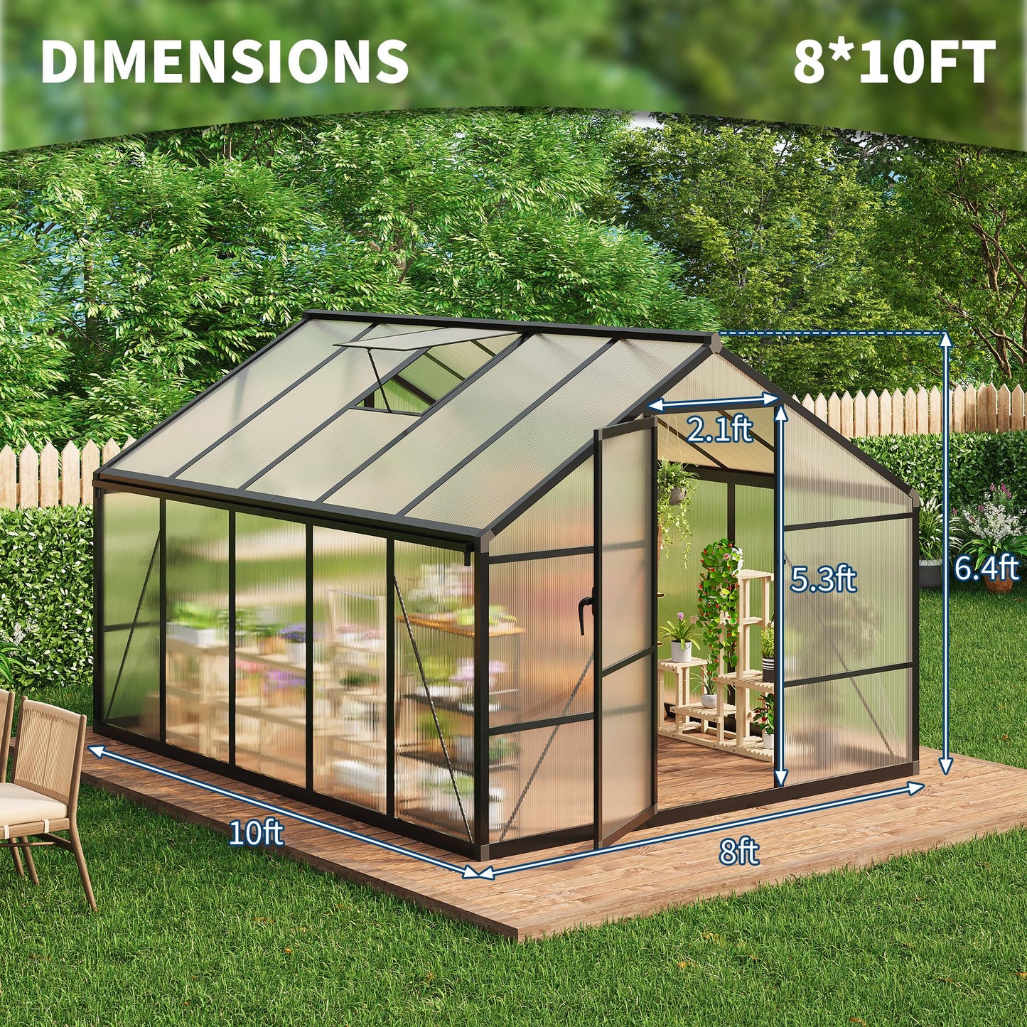 IDEALHOUSE 8×10 FT Greenhouse, Large Walk in Greenhouses for Outdoors and Garden Planting, Polycarbonate Greenhouse with Enhanced Aluminum Frame, Green Houses with Quick Setup Structure and Roof Vent