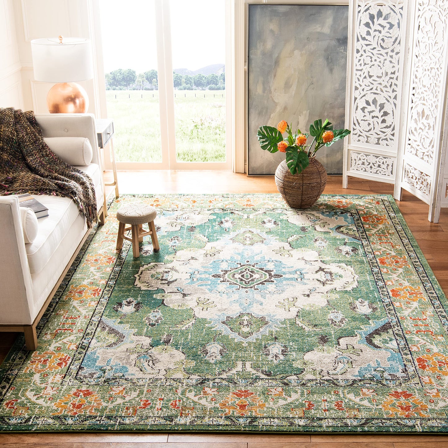 SAFAVIEH Monaco Collection Area Rug - 9' x 12', Forest Green & Light Blue, Non-Shedding & Easy to Clean, Distressed Medallion Design, Ideal for Living Room, Bedroom, Dining Space (MNC243F)