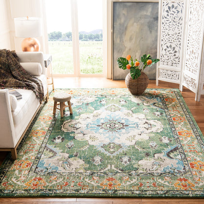 SAFAVIEH Monaco Collection Area Rug - 9' x 12', Forest Green & Light Blue, Non-Shedding & Easy to Clean, Distressed Medallion Design, Ideal for Living Room, Bedroom, Dining Space (MNC243F)