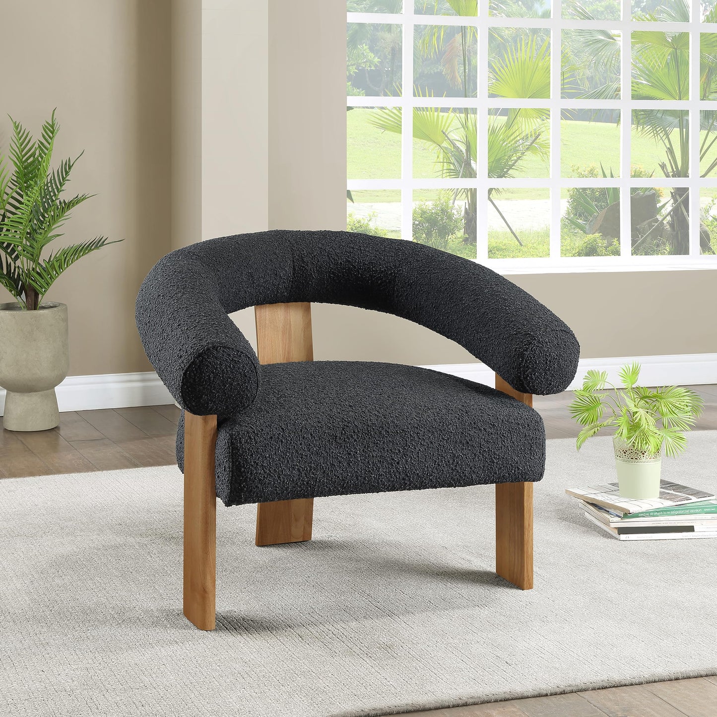Meridian Furniture 496Black Winston Collection Mid-Century Modern Boucle Fabric Upholstered Accent Chair with Rich Black Boucle Fabric, Solid Wood Legs, Natural Finish, 35.5" W x 29" D x 30" H, Black
