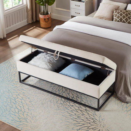 GDFStudio 59" Mid-Century Modern Bed Bench, Storage Ottoman Bench, Large Button Tufting Lift-Top Velvet Ottoman Foot Rest with Metal Base, Upholstered Oversized Pouf for Living Room Bedroom, Beige