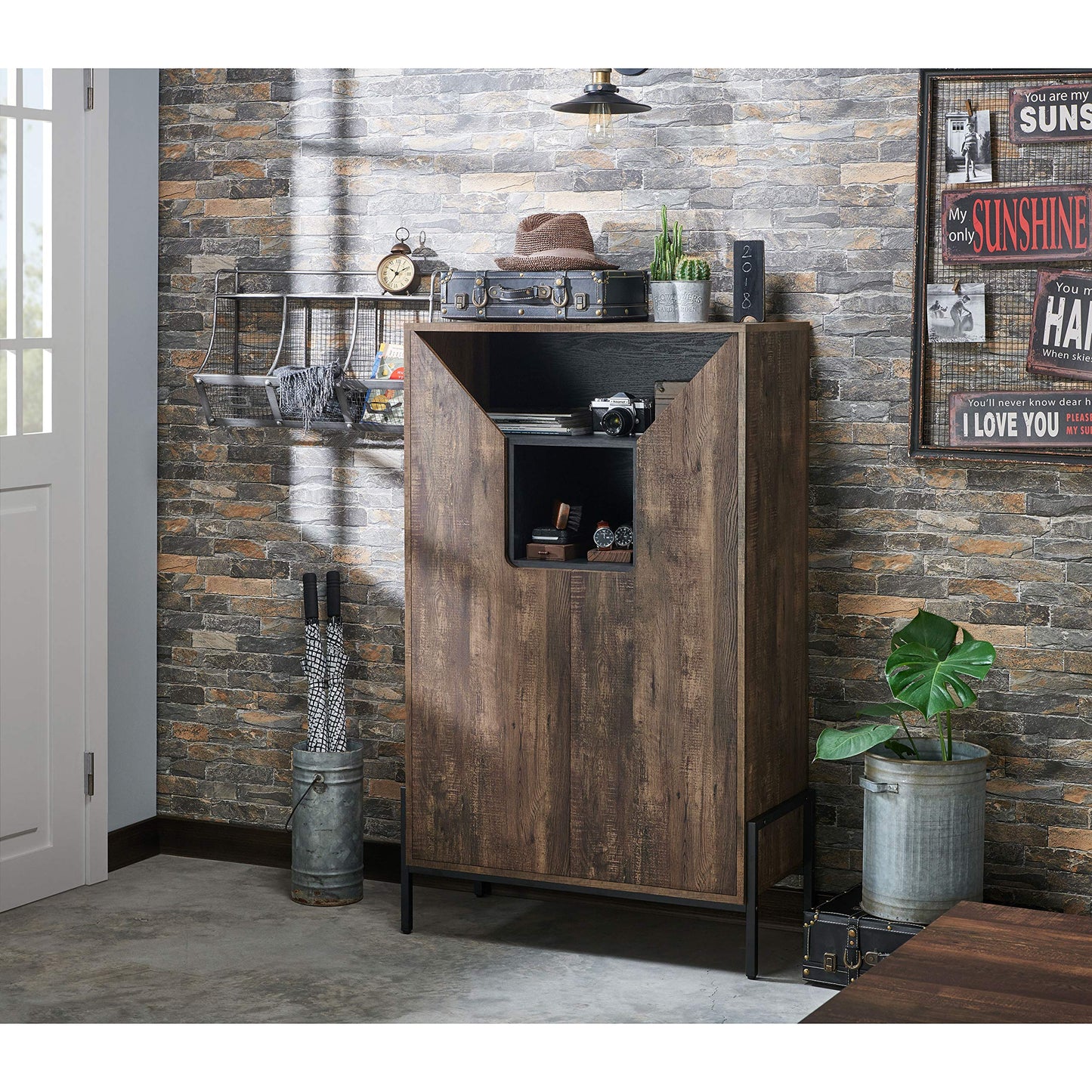 HOMES: Inside + Out Charles Rustic Entryway Shoes Cabinet with 4 Enclosed Shelves, 3 Storage Cubbies and 3 Adjustable Panels, Reclaimed Oak
