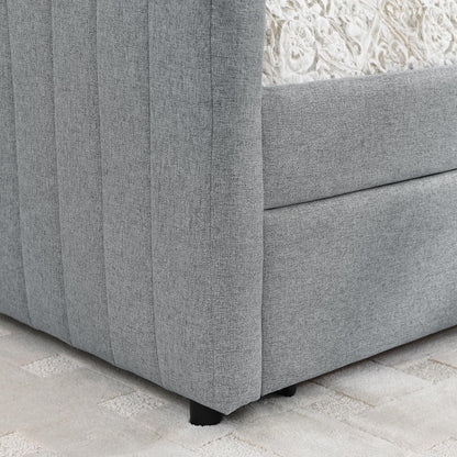 Ball & Cast Queen Size Daybed with Storage Drawers, Linen Upholstered Sofa Bed with Channel Tufted Backrest, Day Bed Frame with Wood Slats Supports, No Box Spring Needed,Grey