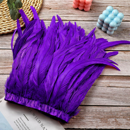 Holmgren Purple Rooster Feather Trim - 10-12inch 2 Yards Large Rooster Tail Feathers Fringe Trim for DIY Sewing Crafts, Feather Cape Shawl, Mardi Gras Party Costume Decoration (Purple)