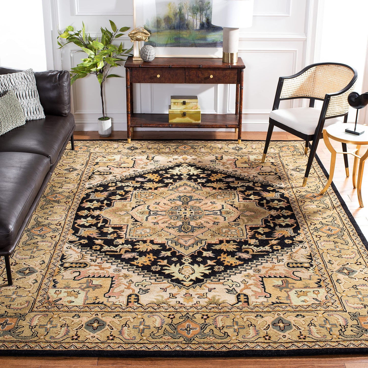SAFAVIEH Heritage Collection Area Rug - 8' Square, Black & Gold, Handmade Wool, Traditional Oriental Medallion Design, Ideal for Living Room, Bedroom, Dining Space (HG625Z)