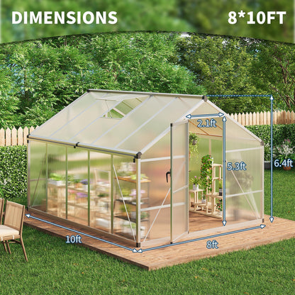 8x10 FT Greenhouse for Outdoors, Polycarbonate Greenhouse with Roof Vent, Ground Nails, Lockable Push Door, Aluminum Large Walk-in Green House for Outside Garden Backyard, Patio, Lawn, Silver