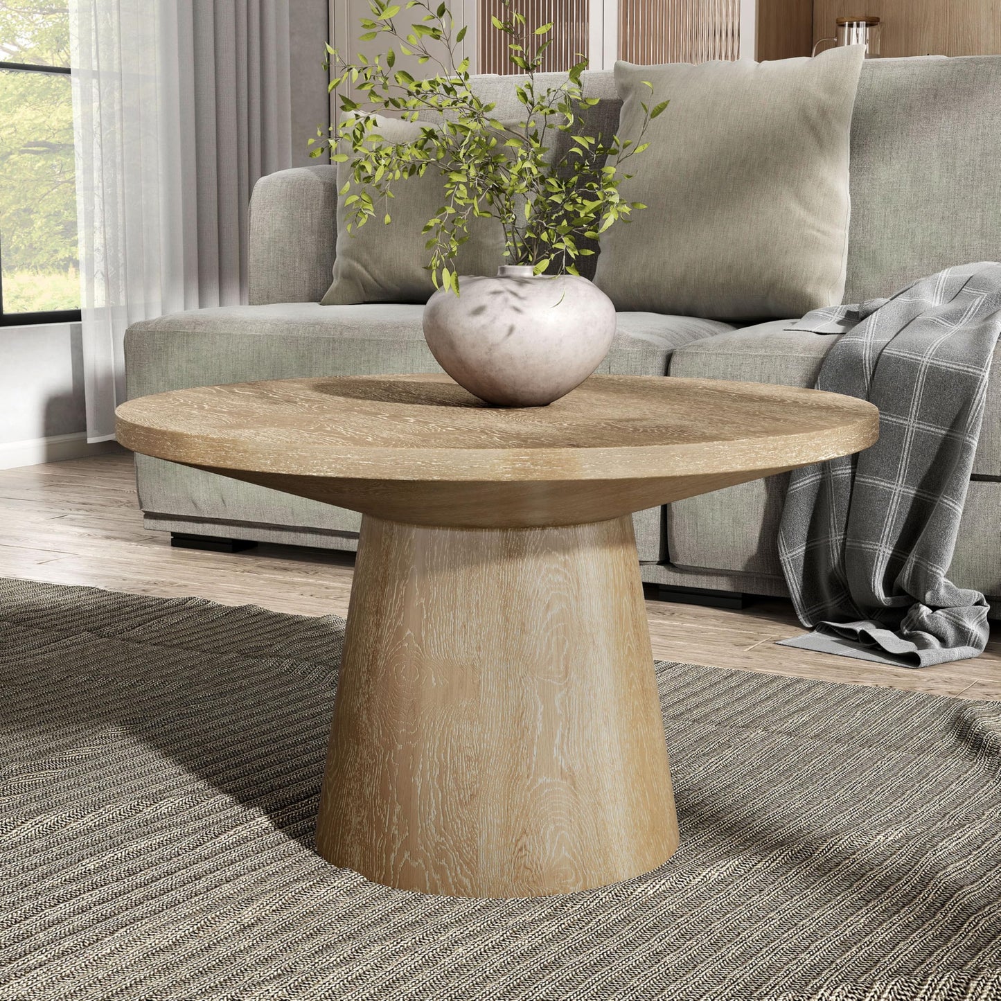 Furniture of America Lestara Modern Solid Wood 29-inch Round Coffee Table with Cone-Shaped Pedestal Base, Living Room Furniture for Small Space, Home Office, Oak