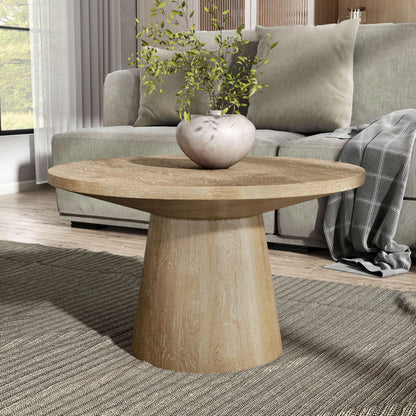 Furniture of America Lestara Modern Solid Wood 29-inch Round Coffee Table with Cone-Shaped Pedestal Base, Living Room Furniture for Small Space, Home Office, Oak