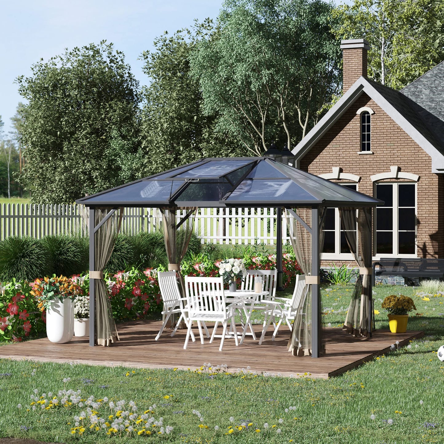 GOWE 10' x 12' Hardtop Gazebo Canopy with Polycarbonate Roof, Top Vent and Aluminum Frame, Permanent Pavilion Outdoor Gazebo with Netting, for Patio, Garden, Backyard, Deck, Lawn