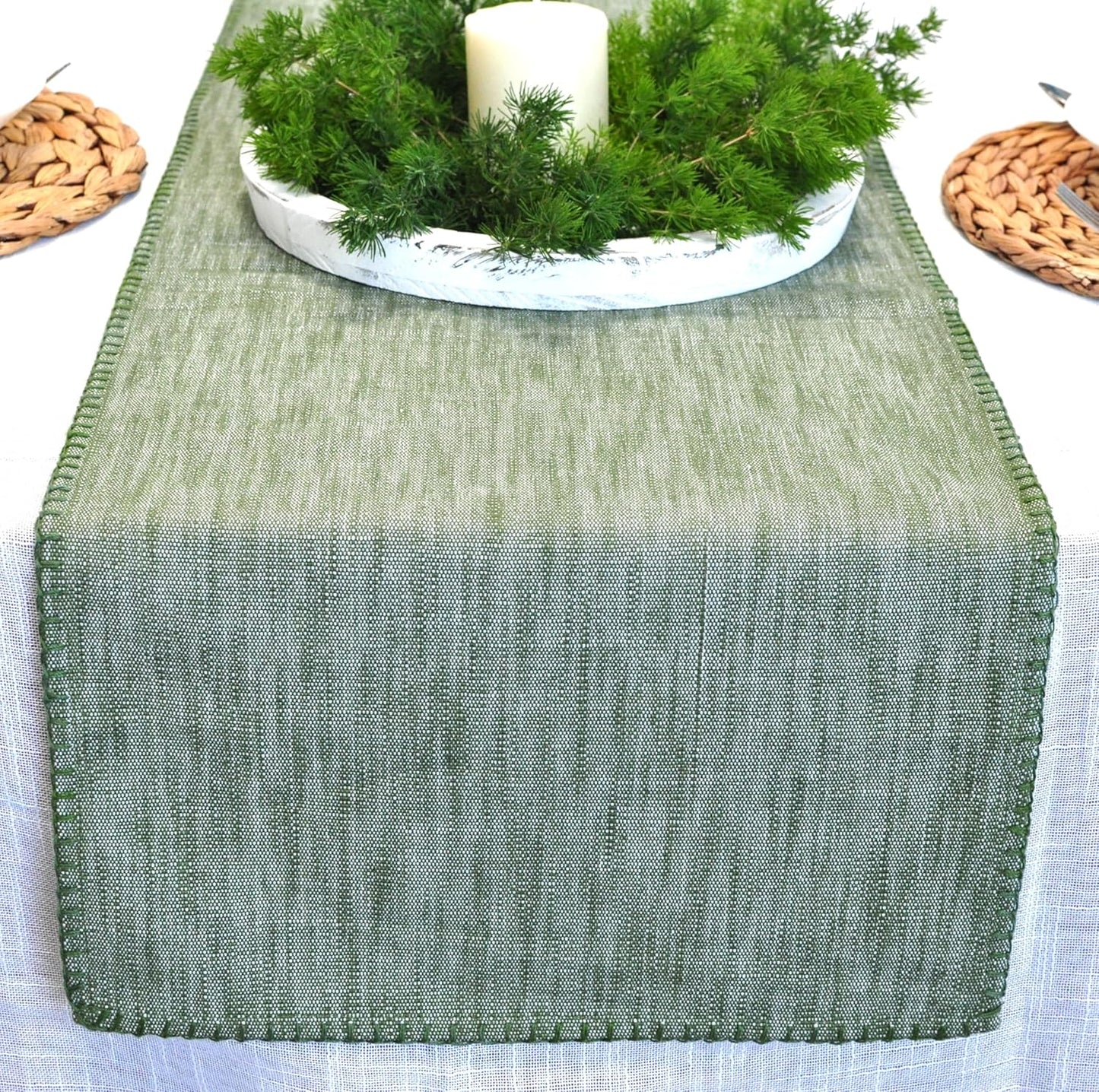 14x36 inch Coffee Table Runner Short Table Runner with Decorative Stitched Edge Natural Cotton Fabric Small Dresser
