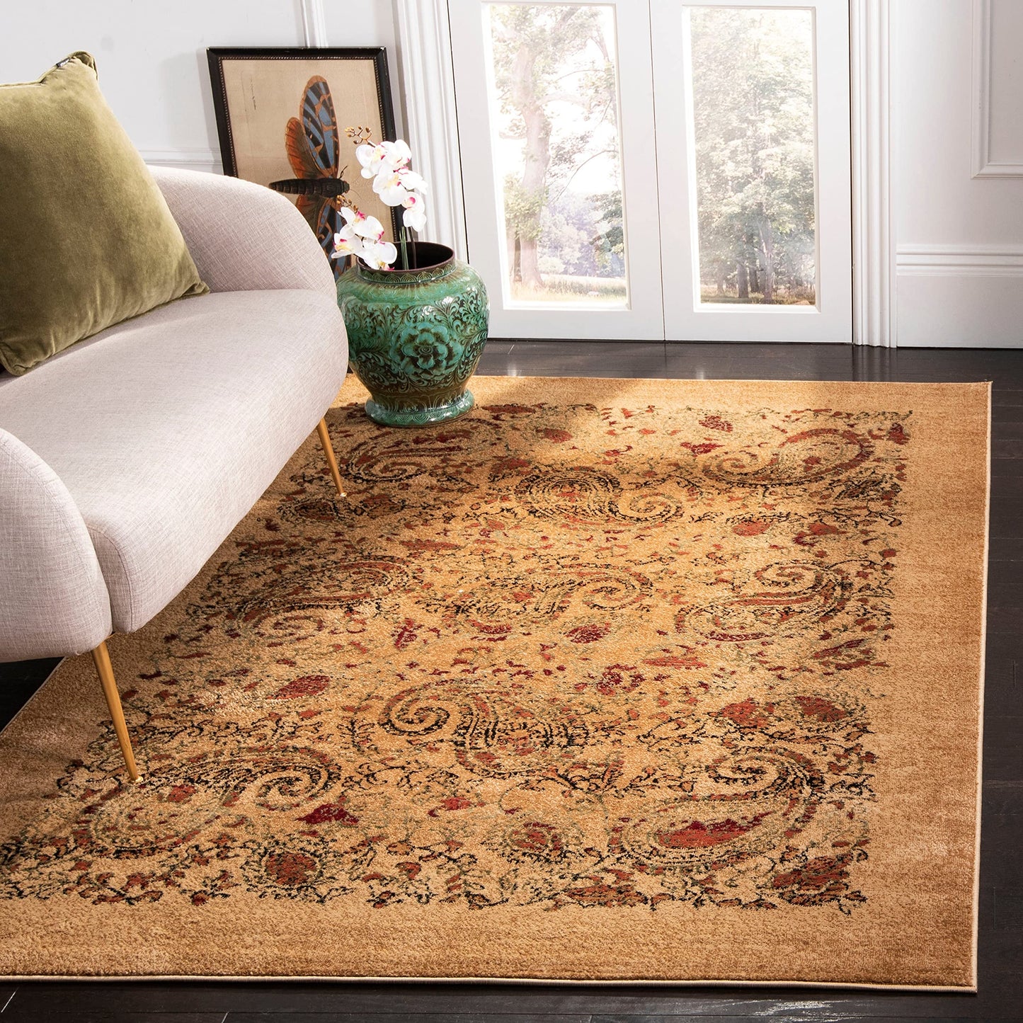 SAFAVIEH Lyndhurst Collection Area Rug - 10' Round, Beige & Multi, Traditional Paisley Design, Non-Shedding & Easy Care, Ideal for High Traffic Areas in Living Room, Bedroom (LNH224A)