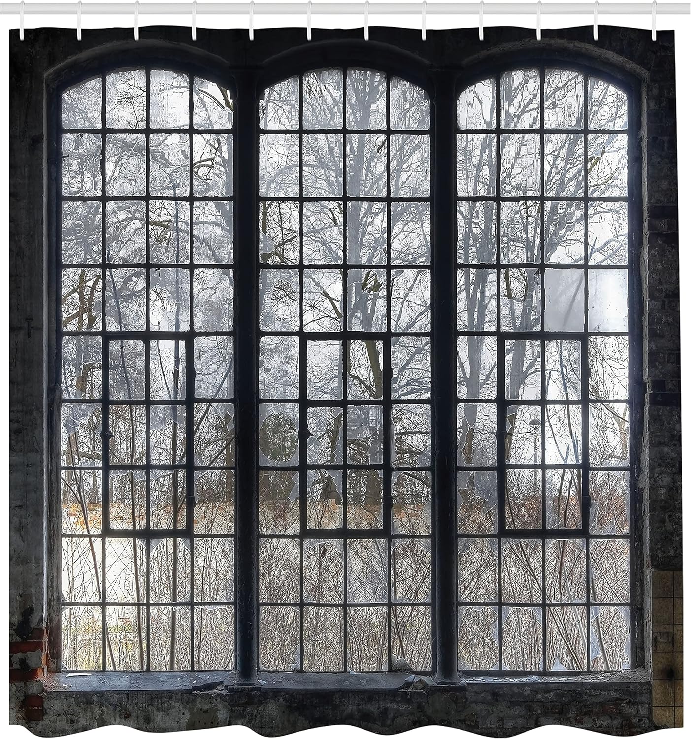 Ambesonne Industrial Shower Curtain, Old Large Window with Broken Panes, 69" W x 70" L, Green White