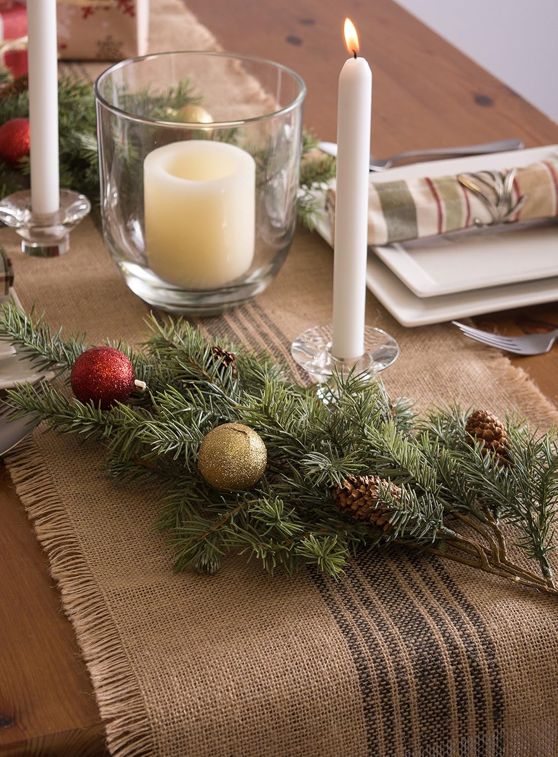 DII Jute Burlap Collection Table Runner, 14x108, Kitchen Tabletop with Middle Stripe Gray